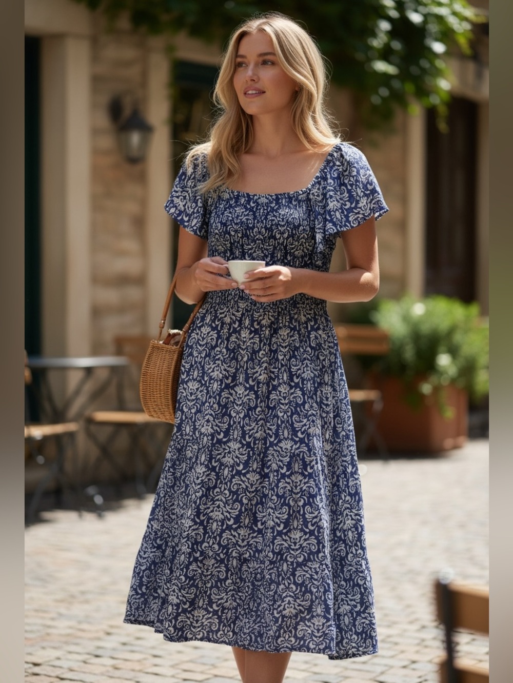 Denim & Co. Heritage Label Blue & White Print Midi Dress Petite Small